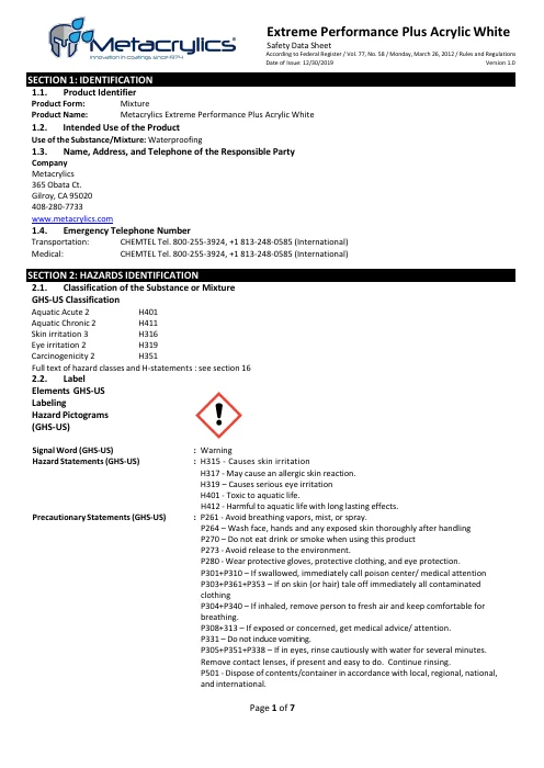 First page of Extreme Performance Plus Acrylic White — Safety Data